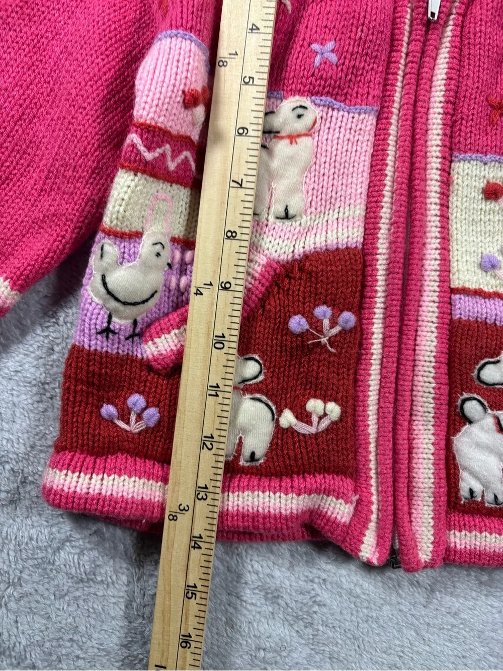 Pink Hooded Knit Zip-Front Sweater with Playful Animal Appliqués
